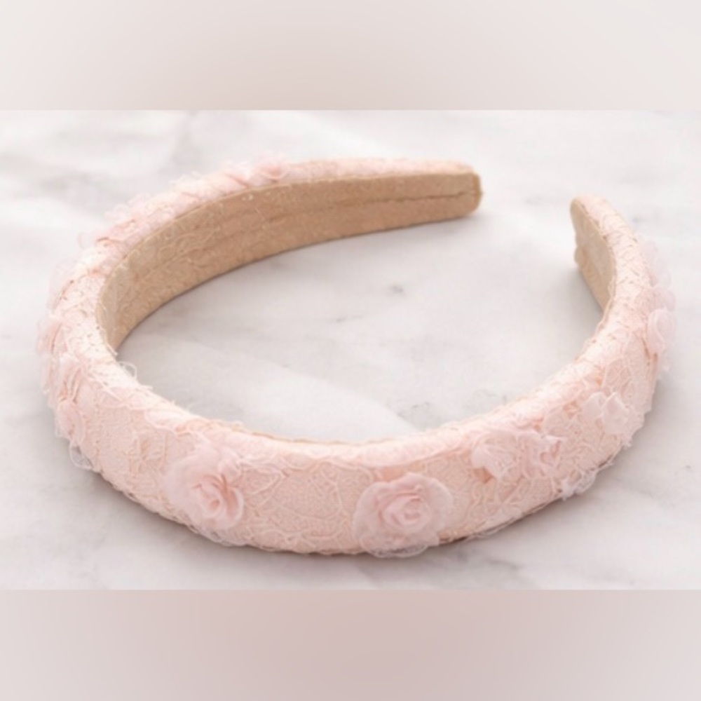 Blush Pink Lace Floral Ruched Padded Headband Romantic Bridal Cottagecore Chic